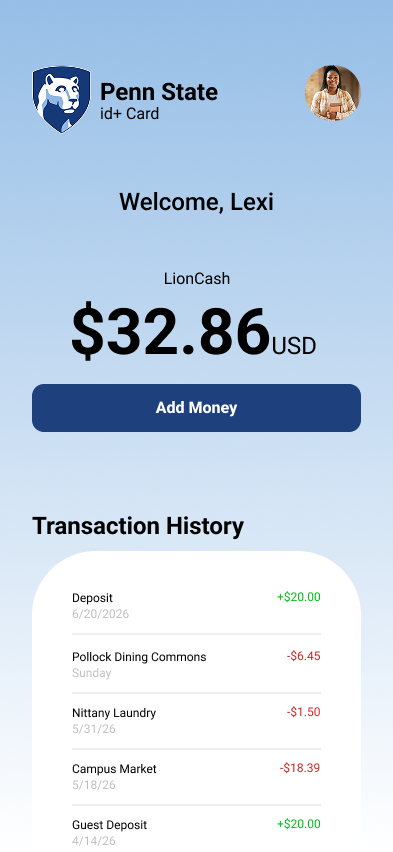 Penn State id+ Card LionCash balance and transaction history